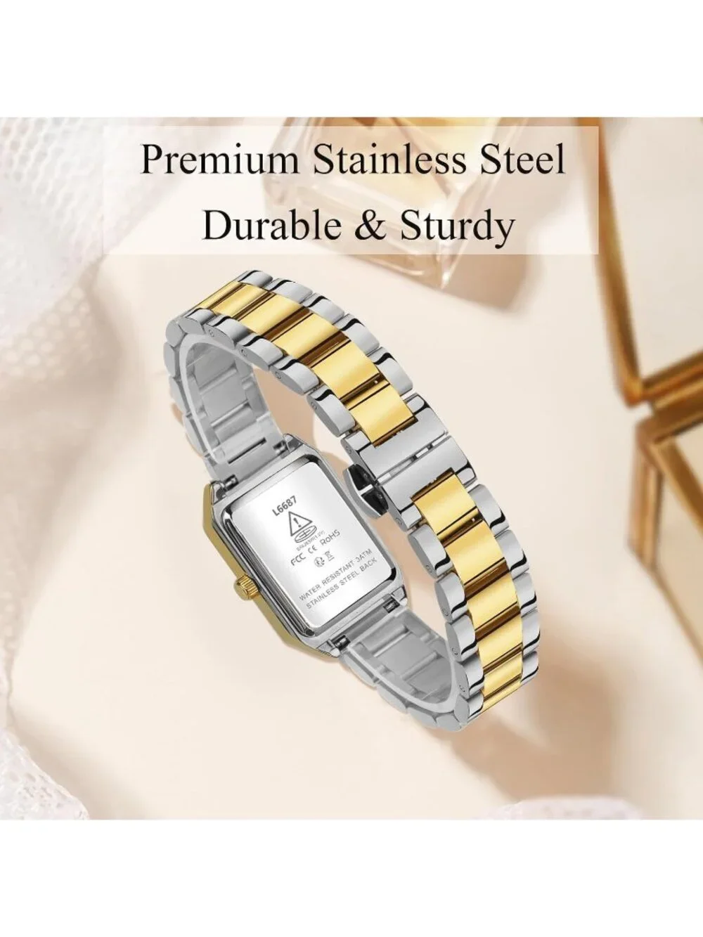 Women's Silver And Gold Analog Stainless Steel Waterproof Luxury Bracelet Watch